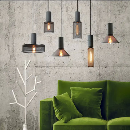 Industriële Hanglamp met Cement & Zwart Mesh — 6 Vormen