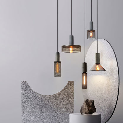 Industriële Hanglamp met Cement & Zwart Mesh — 6 Vormen