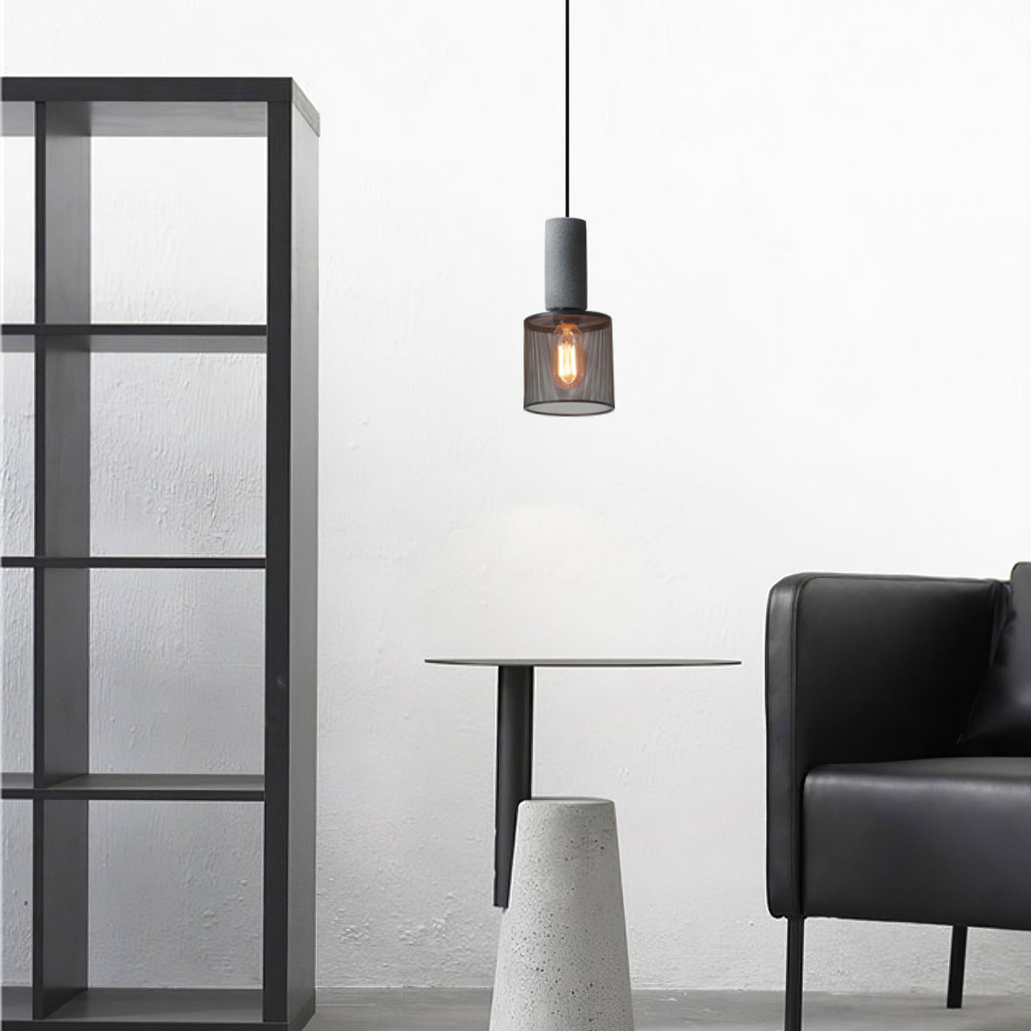 Industriële Hanglamp met Cement & Zwart Mesh — 6 Vormen