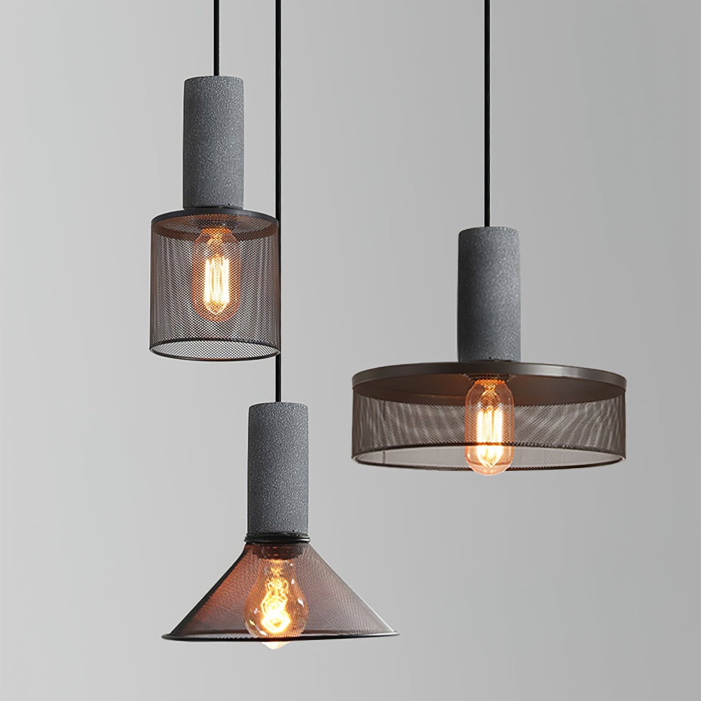 Industriële Hanglamp met Cement & Zwart Mesh — 6 Vormen