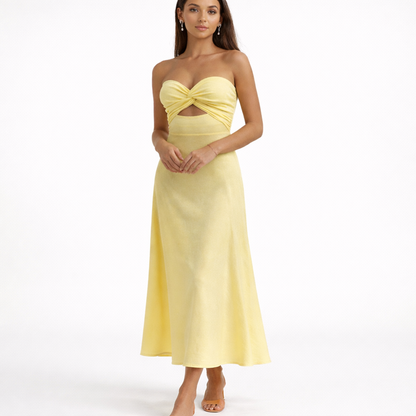 Gele Maxi Jurk Off Shoulder Elegant en Luchtig