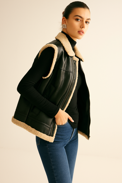 Vest Dames Teddy Gevoerd Faux Leren Warm