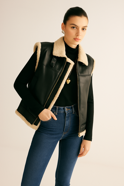 Vest Dames Teddy Gevoerd Faux Leren Warm