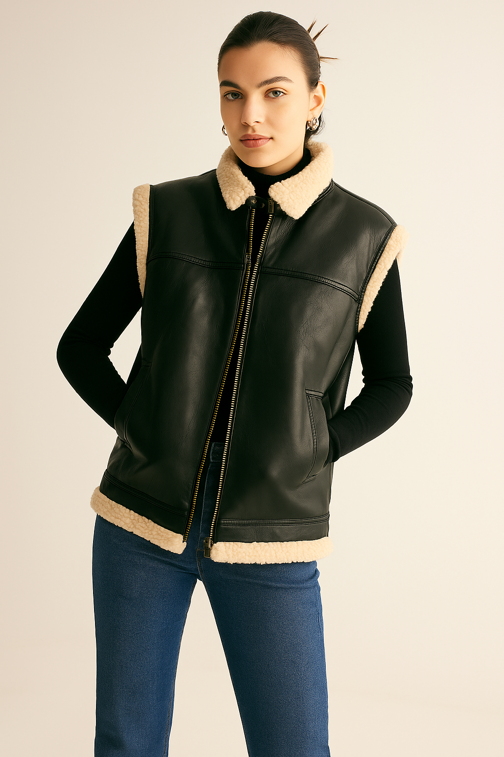Vest Dames Teddy Gevoerd Faux Leren Warm