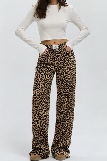 Luipaardprint Jeans Rechte Pijpen Trendy Damesbroek