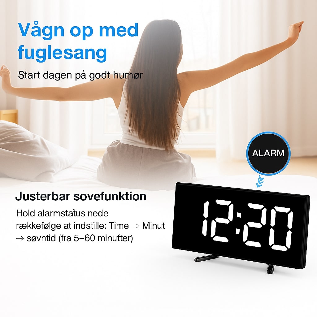 Digitale LED Wekker met Gebogen Display – Automatische Lichtregeling & Groot Scherm