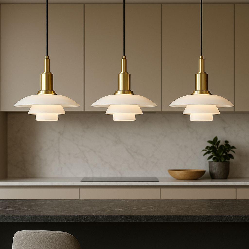 Deense design hanglamp 2/3 koppen glas metaal goud eetkamer keuken eiland Scandinavisch minimalistisch