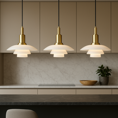 Deense design hanglamp 2/3 koppen glas metaal goud eetkamer keuken eiland Scandinavisch minimalistisch