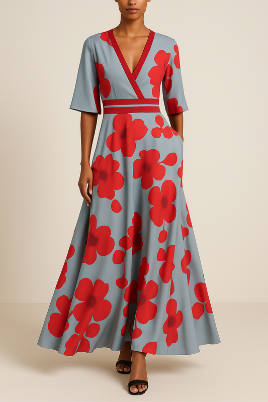 Maxi Jurk met V-hals en Bloemenprint Elegante Zomerjurk - StudioMarella