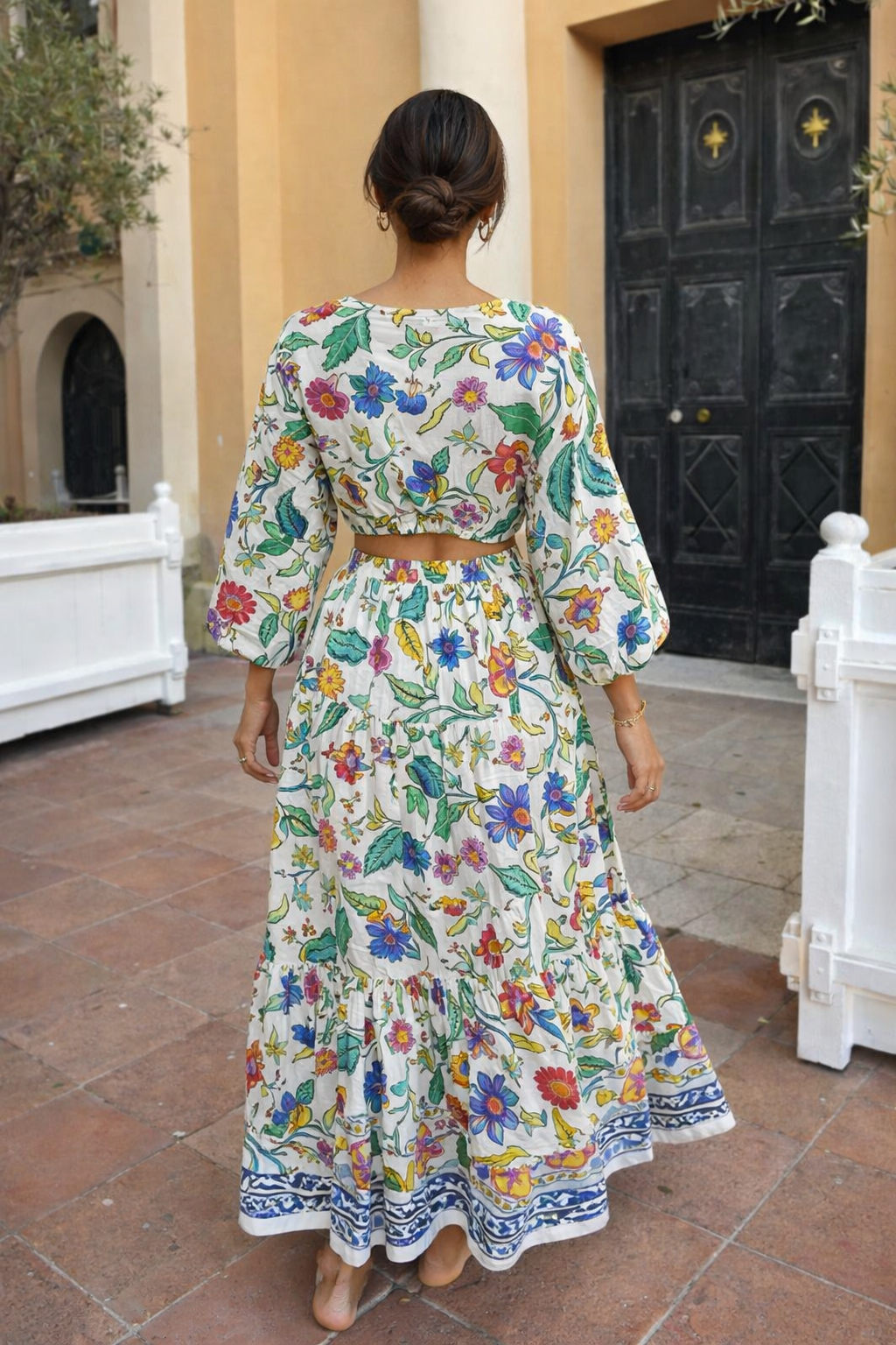 Dames Plissé Set - Top en Rok met Bloemenprint