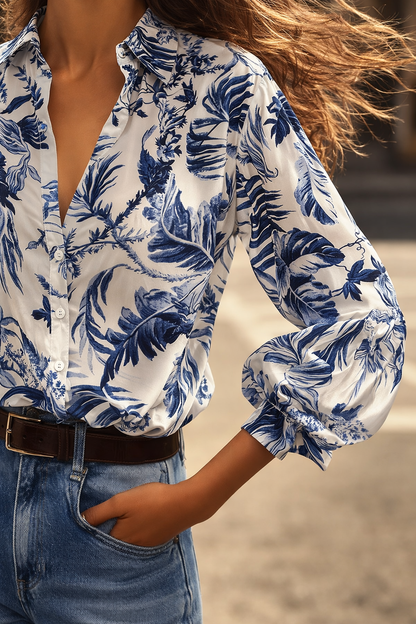 Blouse met Blauwe Bloemen en Transparante Knopen