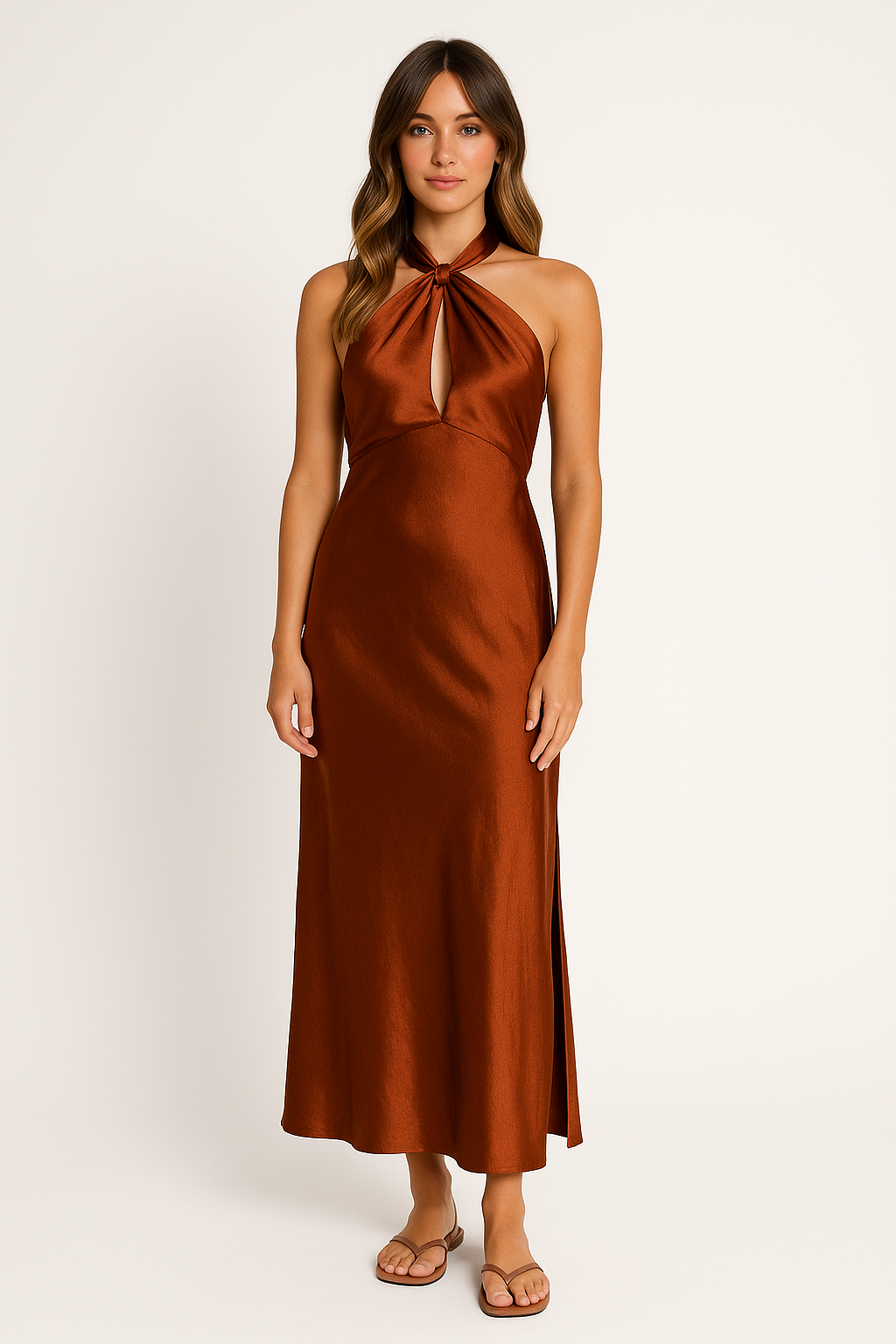Nishel | Maxi Jurk Satijn Halterneck met Split