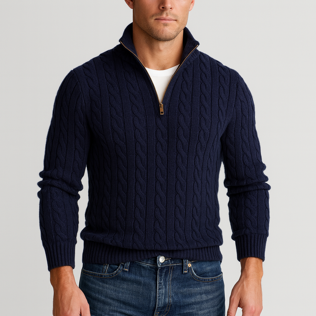 Heren Trui Kabelgebreid Half-Zip met Hoge Kraag Stijlvol