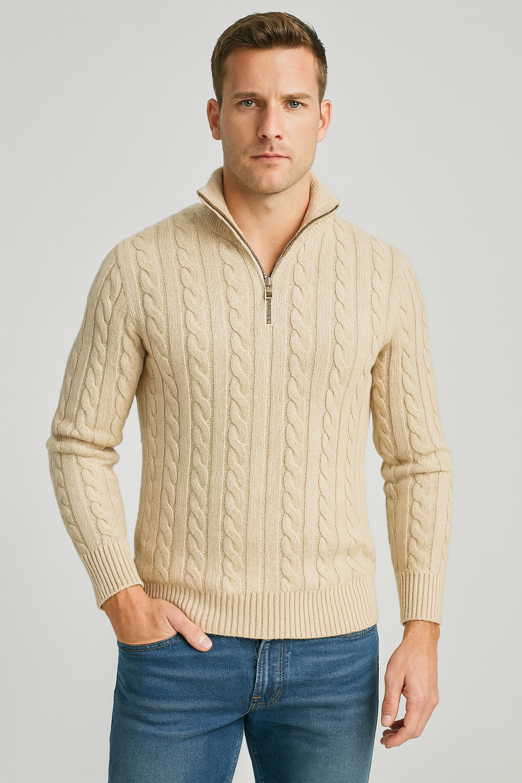 Heren Trui Kabelgebreid Half-Zip met Hoge Kraag Stijlvol
