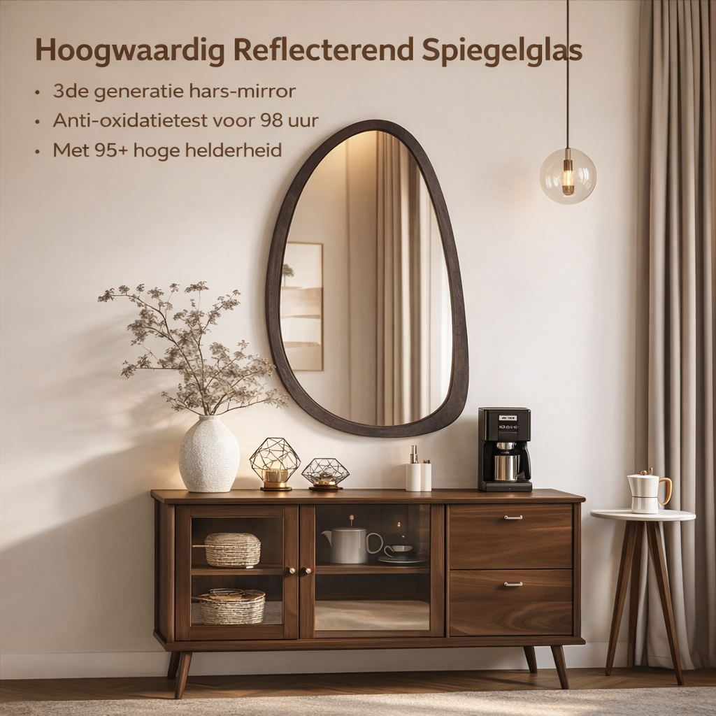 Sansoti | Japandi Organische Houten Wandspiegel | Decoratieve Spiegel voor Woonkamer, Slaapkamer & Hal