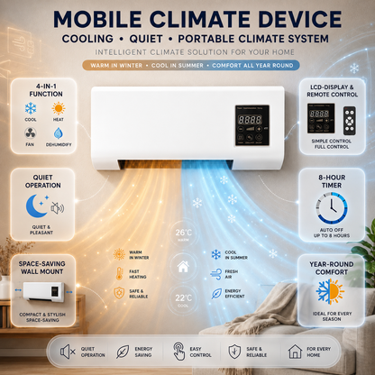 Mobiele Wandairco 4-in-1 Koeling Verwarming Ventilatie Ontvochtiging Stil Timer LCD Wit