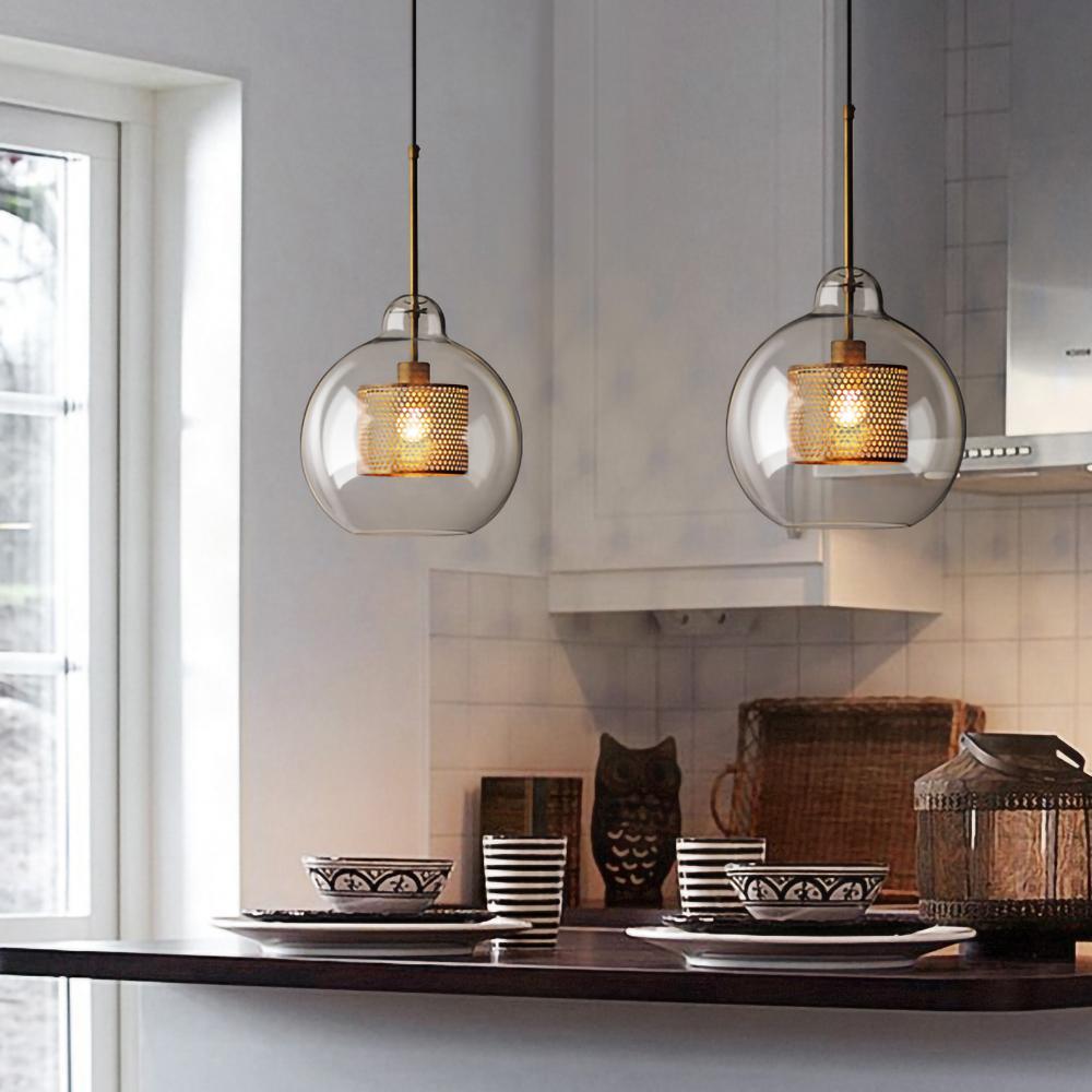 Glazen Hanglamp met Metalen Gaaskap Transparant Amber Zwart Goud 20-30cm Scandinavisch Design Eetkamer Keuken