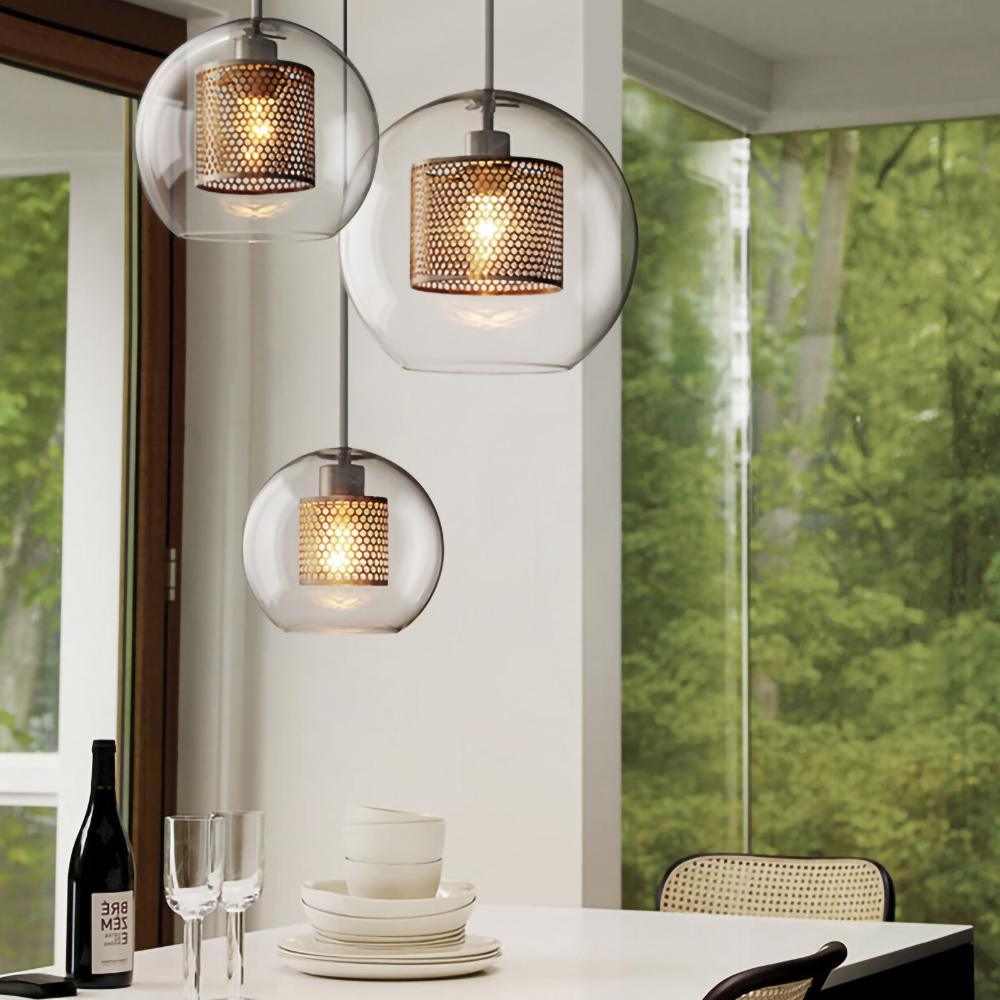 Glazen Hanglamp met Metalen Gaaskap Transparant Amber Zwart Goud 20-30cm Scandinavisch Design Eetkamer Keuken