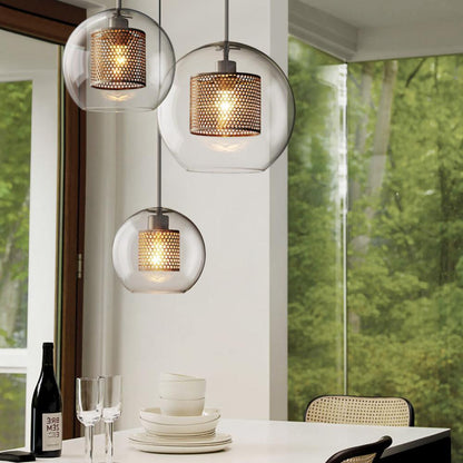 Glazen Hanglamp met Metalen Gaaskap Transparant Amber Zwart Goud 20-30cm Scandinavisch Design Eetkamer Keuken