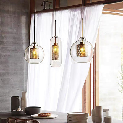 Glazen Hanglamp met Metalen Gaaskap Transparant Amber Zwart Goud 20-30cm Scandinavisch Design Eetkamer Keuken