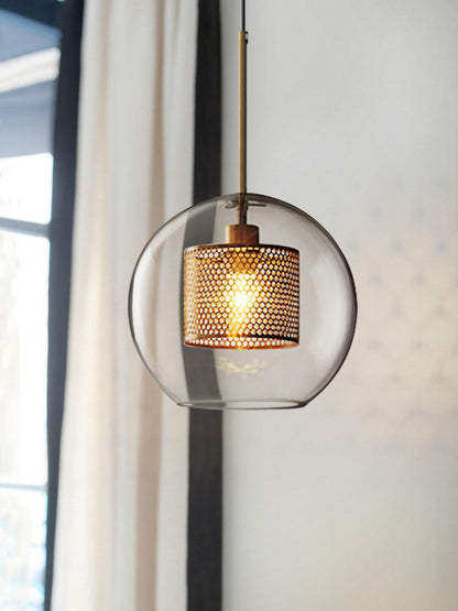 Glazen Hanglamp met Metalen Gaaskap Transparant Amber Zwart Goud 20-30cm Scandinavisch Design Eetkamer Keuken