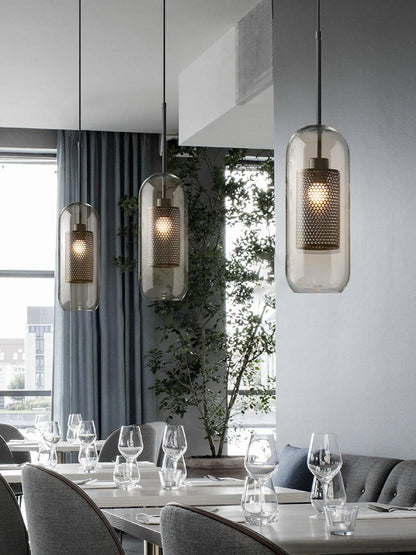 Glazen Hanglamp met Metalen Gaaskap Transparant Amber Zwart Goud 20-30cm Scandinavisch Design Eetkamer Keuken