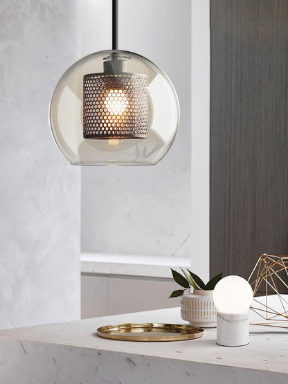 Glazen Hanglamp met Metalen Gaaskap Transparant Amber Zwart Goud 20-30cm Scandinavisch Design Eetkamer Keuken