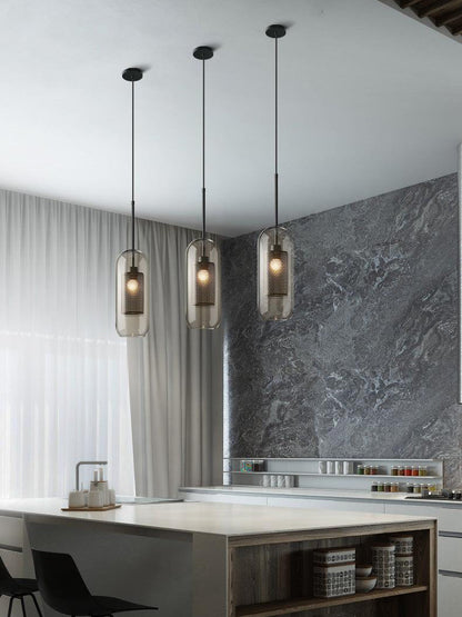Glazen Hanglamp met Metalen Gaaskap Transparant Amber Zwart Goud 20-30cm Scandinavisch Design Eetkamer Keuken