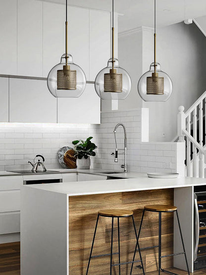 Glazen Hanglamp met Metalen Gaaskap Transparant Amber Zwart Goud 20-30cm Scandinavisch Design Eetkamer Keuken