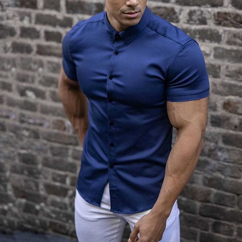 Heren Overhemd Korte Mouw Slim Fit Stretch Zomer