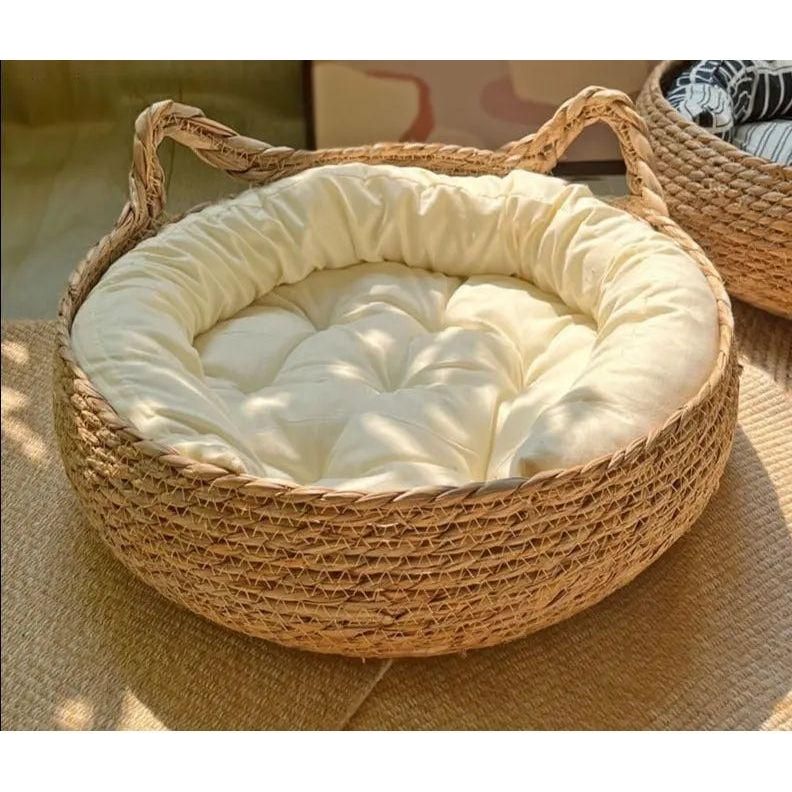 Kattenmand Riet Afneembaar Kussen S/M/L Kattenbed Gevlochten Naturel Huisdier Slaapplek Kat Hond