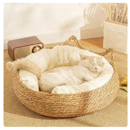 Kattenmand Riet Afneembaar Kussen S/M/L Kattenbed Gevlochten Naturel Huisdier Slaapplek Kat Hond