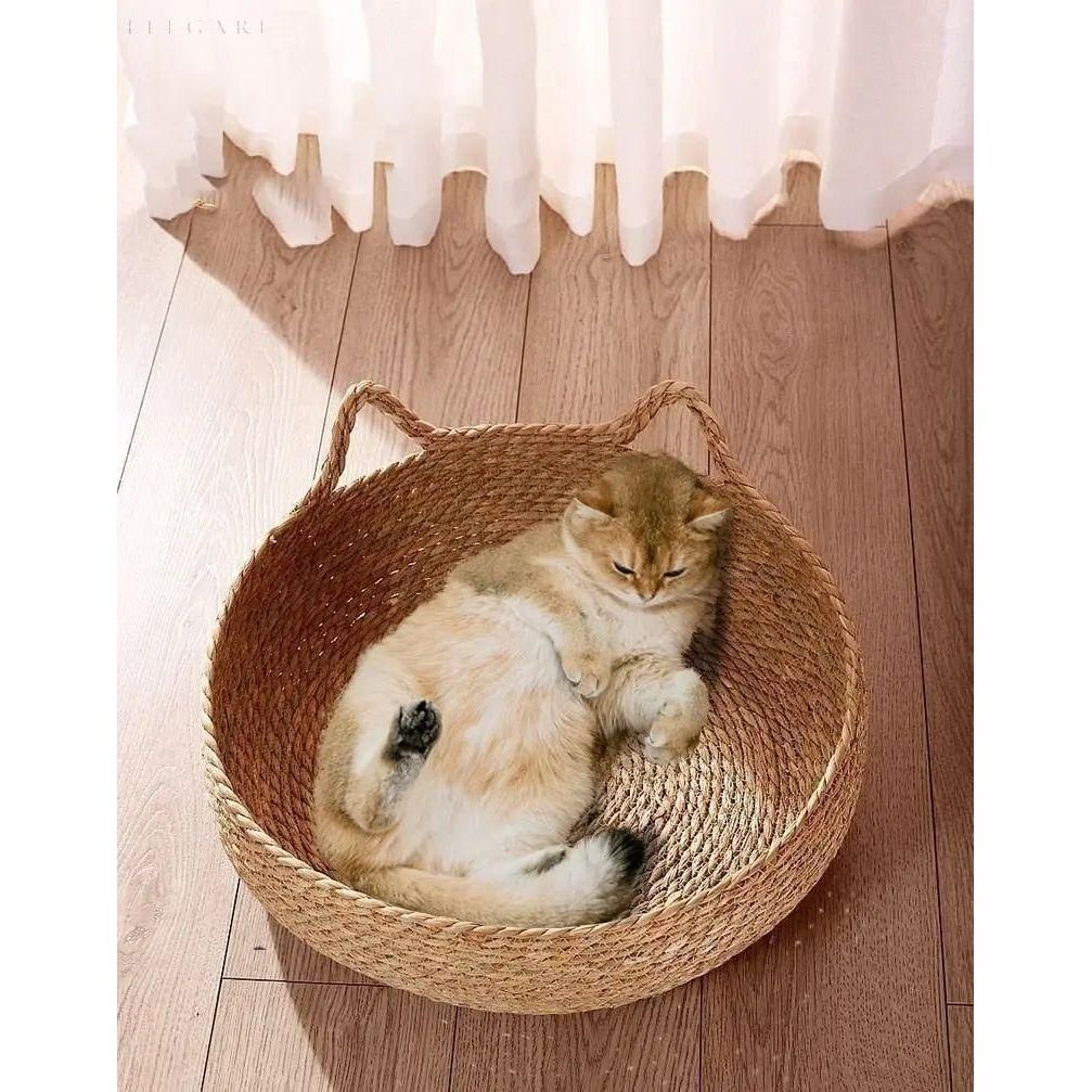Kattenmand Riet Afneembaar Kussen S/M/L Kattenbed Gevlochten Naturel Huisdier Slaapplek Kat Hond