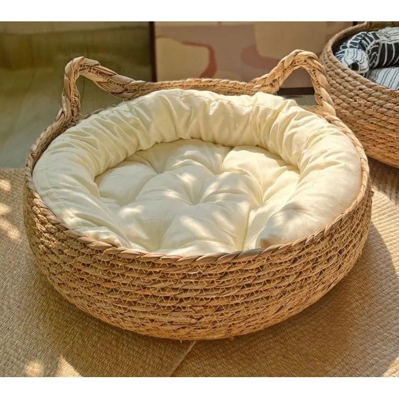 Kattenmand Riet Afneembaar Kussen S/M/L Kattenbed Gevlochten Naturel Huisdier Slaapplek Kat Hond