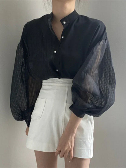 Vrouwelijke Retro Blouse Elegante Katoen Stof