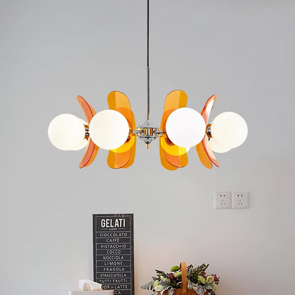 Moderne Sputnik Kroonluchter met Gekleurde Acryl Elementen en Witte Glazen Bollen – Design Hanglamp Meerdere Lichtpunten