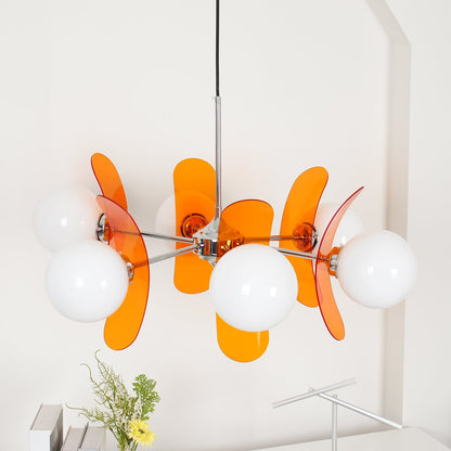 Moderne Sputnik Kroonluchter met Gekleurde Acryl Elementen en Witte Glazen Bollen – Design Hanglamp Meerdere Lichtpunten
