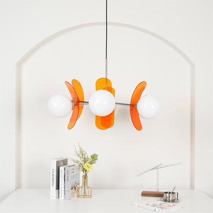 Moderne Sputnik Kroonluchter met Gekleurde Acryl Elementen en Witte Glazen Bollen – Design Hanglamp Meerdere Lichtpunten