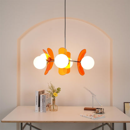 Moderne Sputnik Kroonluchter met Gekleurde Acryl Elementen en Witte Glazen Bollen – Design Hanglamp Meerdere Lichtpunten