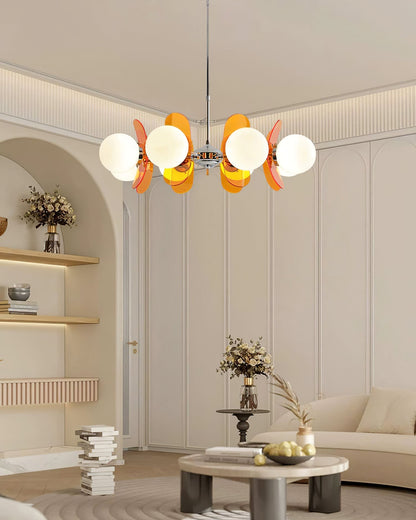 Moderne Sputnik Kroonluchter met Gekleurde Acryl Elementen en Witte Glazen Bollen – Design Hanglamp Meerdere Lichtpunten
