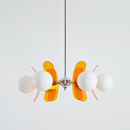 Moderne Sputnik Kroonluchter met Gekleurde Acryl Elementen en Witte Glazen Bollen – Design Hanglamp Meerdere Lichtpunten