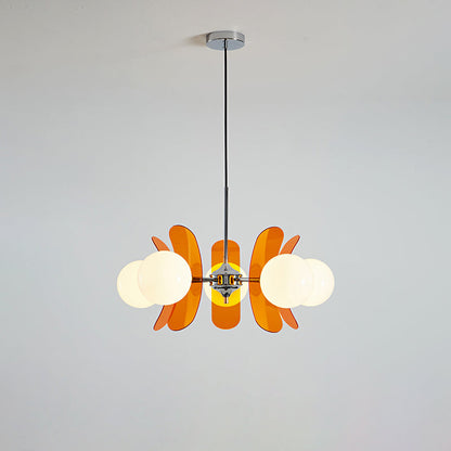 Moderne Sputnik Kroonluchter met Gekleurde Acryl Elementen en Witte Glazen Bollen – Design Hanglamp Meerdere Lichtpunten