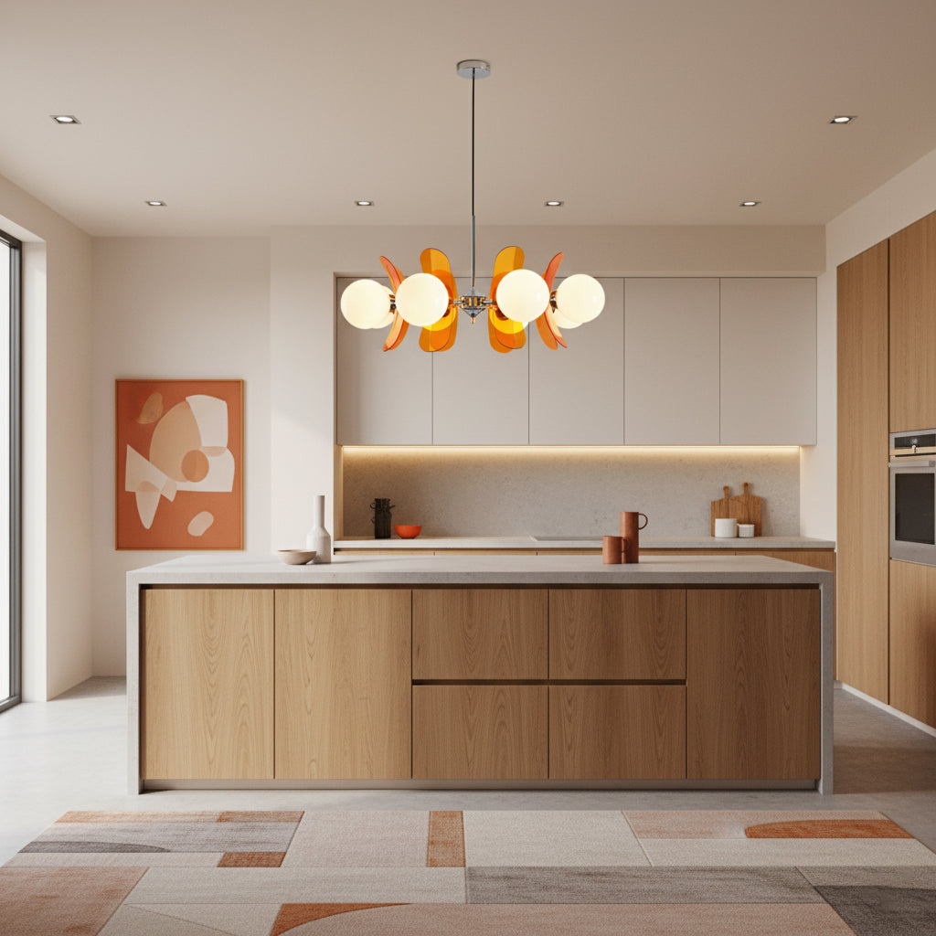 Moderne Sputnik Kroonluchter met Gekleurde Acryl Elementen en Witte Glazen Bollen – Design Hanglamp Meerdere Lichtpunten