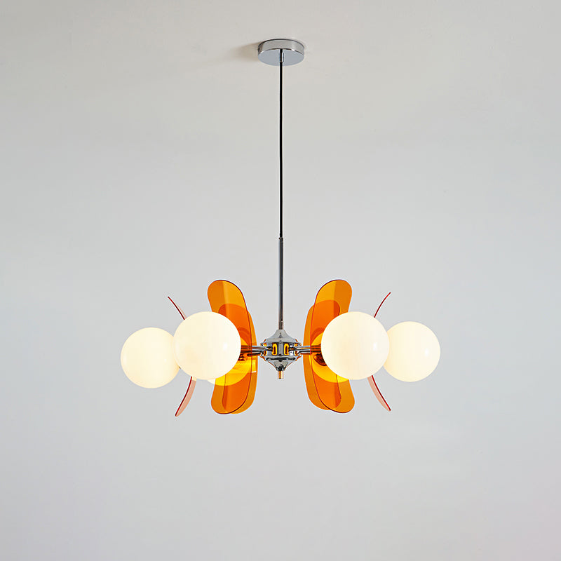 Moderne Sputnik Kroonluchter met Gekleurde Acryl Elementen en Witte Glazen Bollen – Design Hanglamp Meerdere Lichtpunten