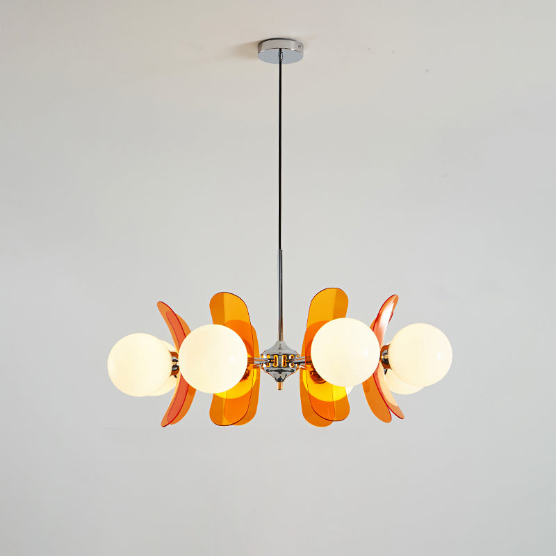 Moderne Sputnik Kroonluchter met Gekleurde Acryl Elementen en Witte Glazen Bollen – Design Hanglamp Meerdere Lichtpunten