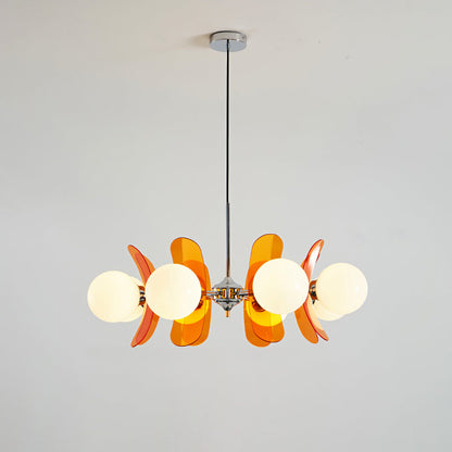 Moderne Sputnik Kroonluchter met Gekleurde Acryl Elementen en Witte Glazen Bollen – Design Hanglamp Meerdere Lichtpunten