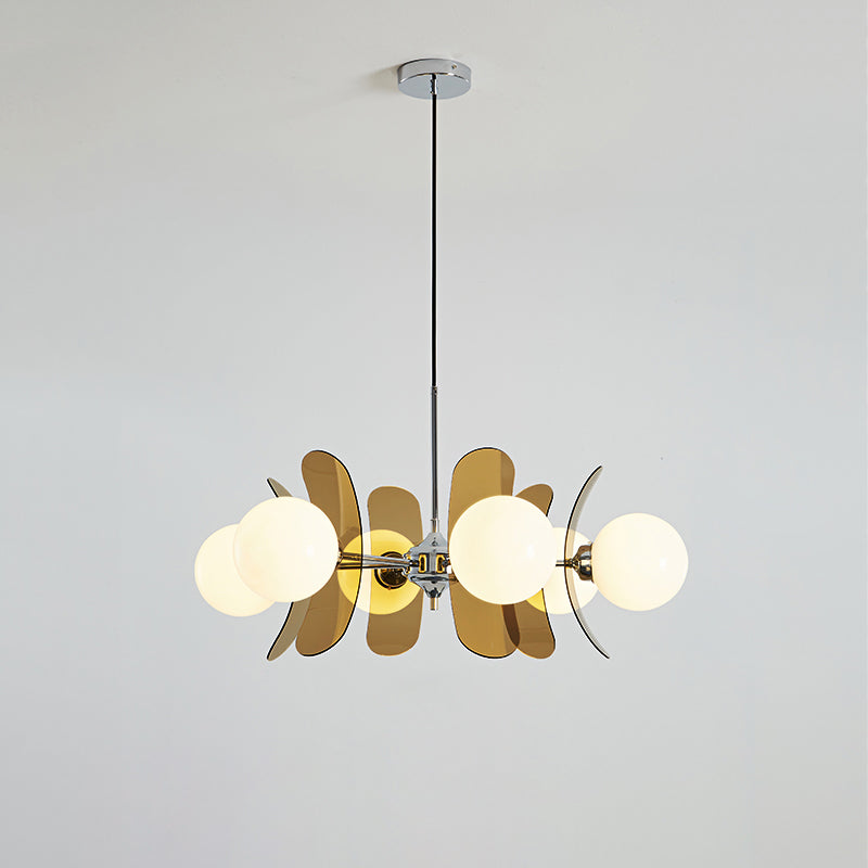 Moderne Sputnik Kroonluchter met Gekleurde Acryl Elementen en Witte Glazen Bollen – Design Hanglamp Meerdere Lichtpunten