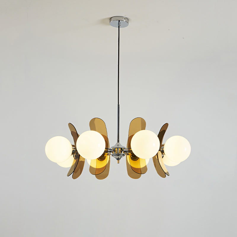 Moderne Sputnik Kroonluchter met Gekleurde Acryl Elementen en Witte Glazen Bollen – Design Hanglamp Meerdere Lichtpunten