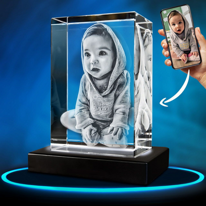 Gepersonaliseerd 2D/3D Kristal Gedenkkristal met Eigen Foto – Verlicht Herinneringsblok met Houten Voet