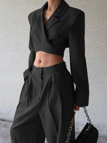 Dames Set - Cropped Blazer en Wijde Broek Tweedelig Coral